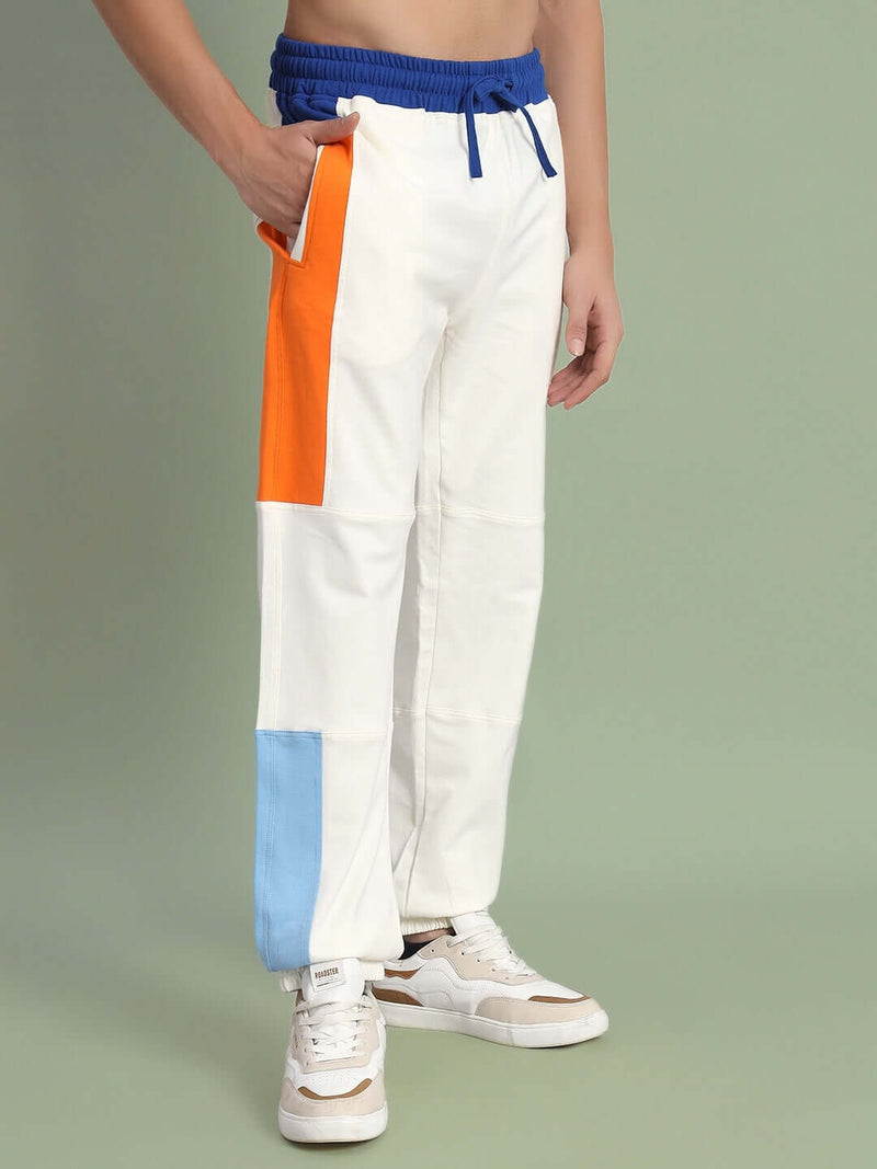 Genzclassic Men's Off White Cotton Color Block Track Pants | Regular Fit Joggers | Casual, Gym & Streetwear