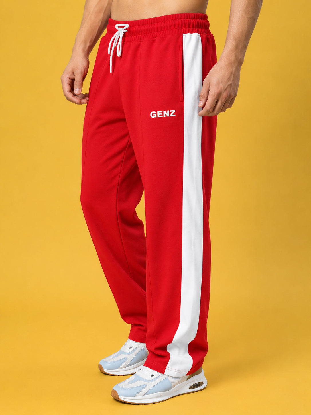 Genzclassic Men's Cotton Track Pants with Contrast Side Panel, Straight Fit Sports Lower | Red & White