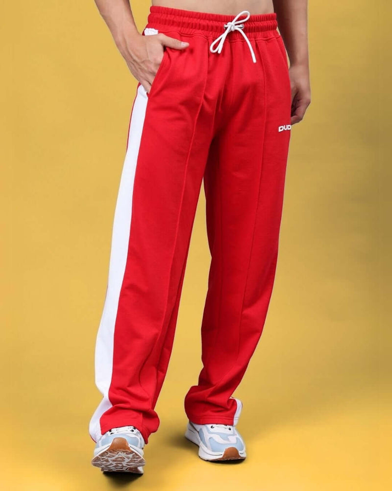Genzclassic Men's Cotton Track Pants with Contrast Side Panel, Straight Fit Sports Lower | Red & White