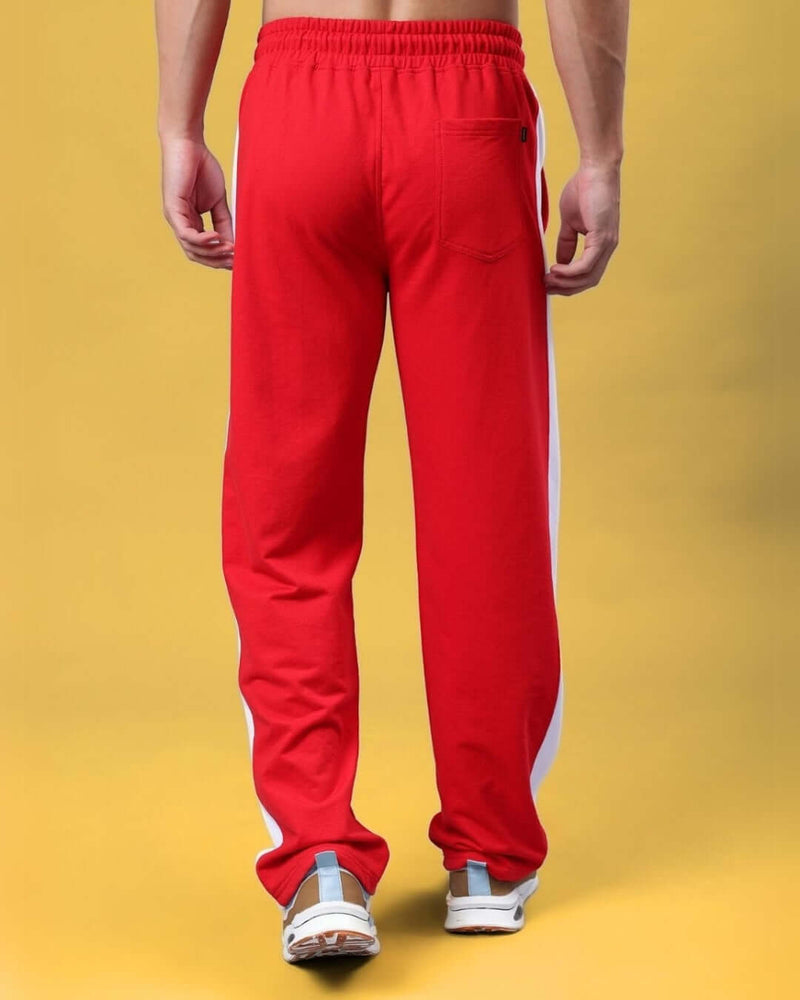 Genzclassic Men's Cotton Track Pants with Contrast Side Panel, Straight Fit Sports Lower | Red & White