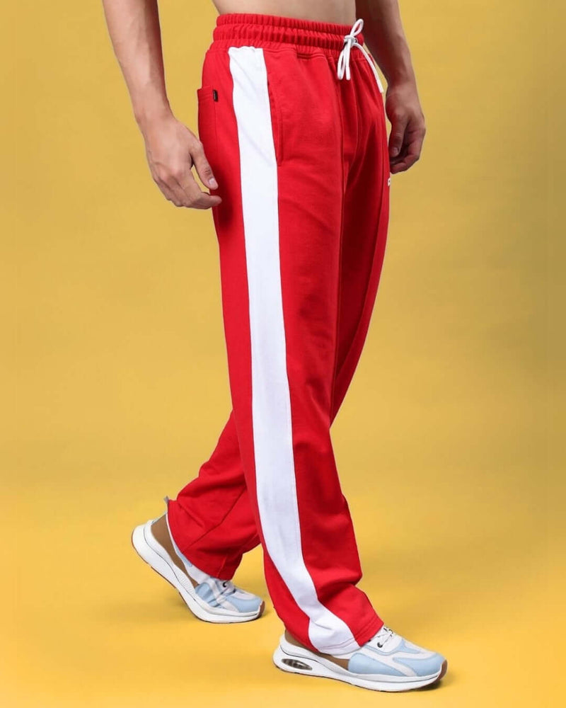 Genzclassic Men's Cotton Track Pants with Contrast Side Panel, Straight Fit Sports Lower | Red & White