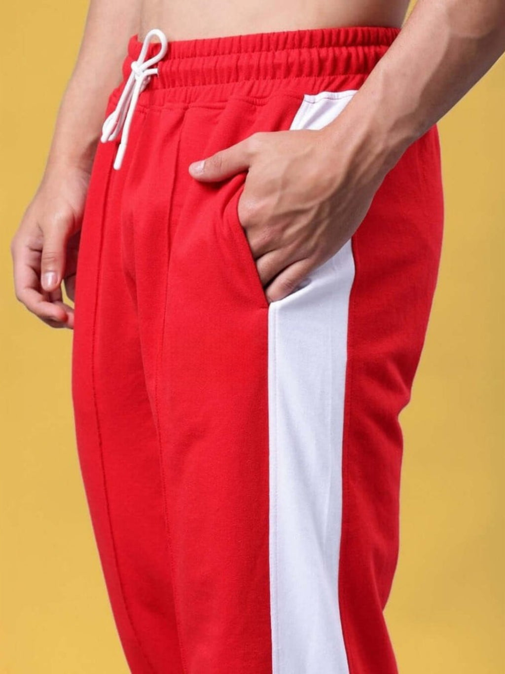 Genzclassic Men's Cotton Track Pants with Contrast Side Panel, Straight Fit Sports Lower | Red & White