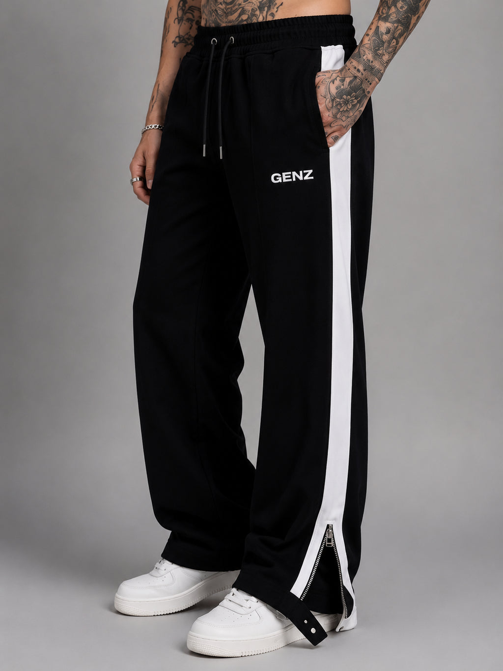 Genzclassic Men's Side Zip Cotton Track Pants with Contrast Panel, Straight Fit Sports Lower | Black & White