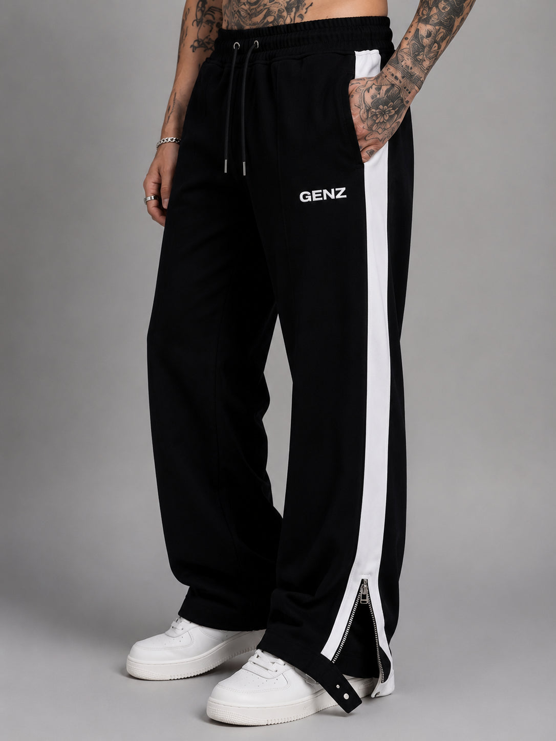 Genzclassic Men's Side Zip Cotton Track Pants with Contrast Panel, Straight Fit Sports Lower | Black & White