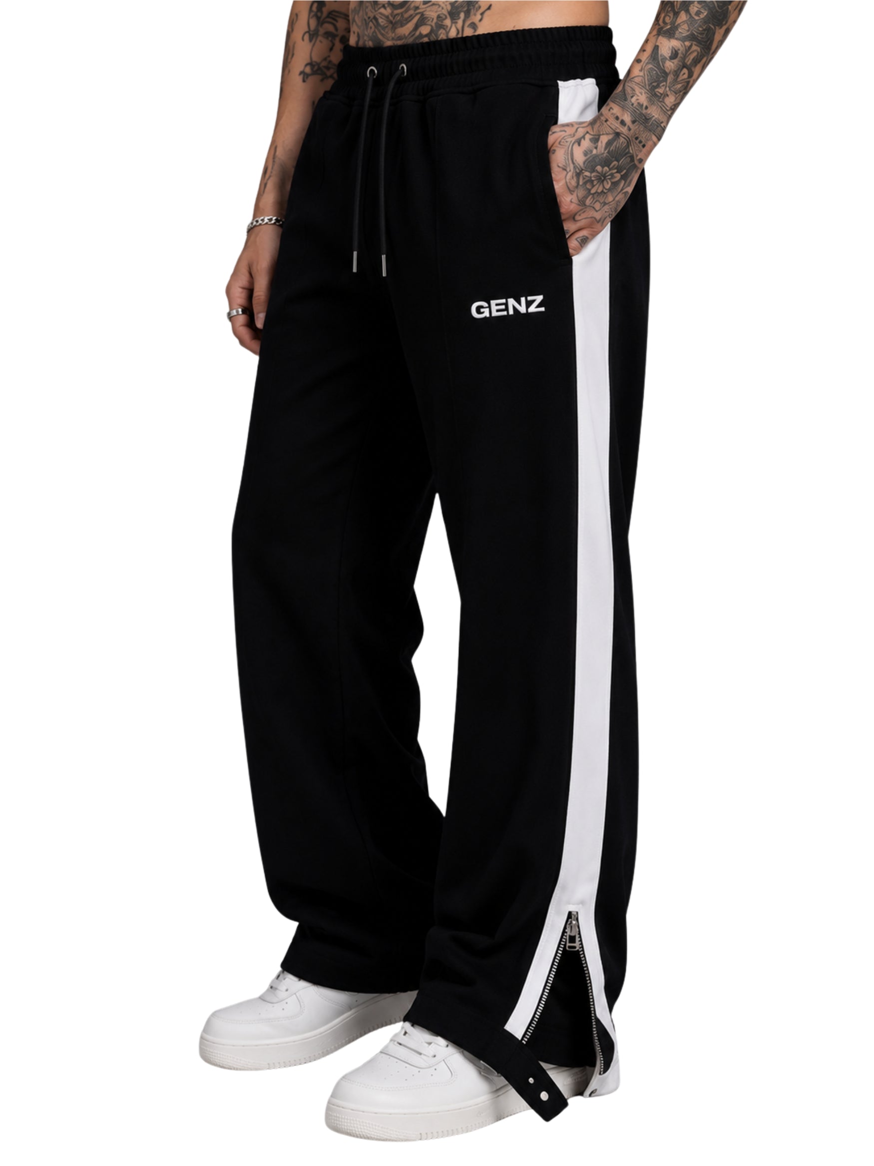 Genzclassic Men's Side Zip Cotton Track Pants with Contrast Panel, Straight Fit Sports Lower | Black & White