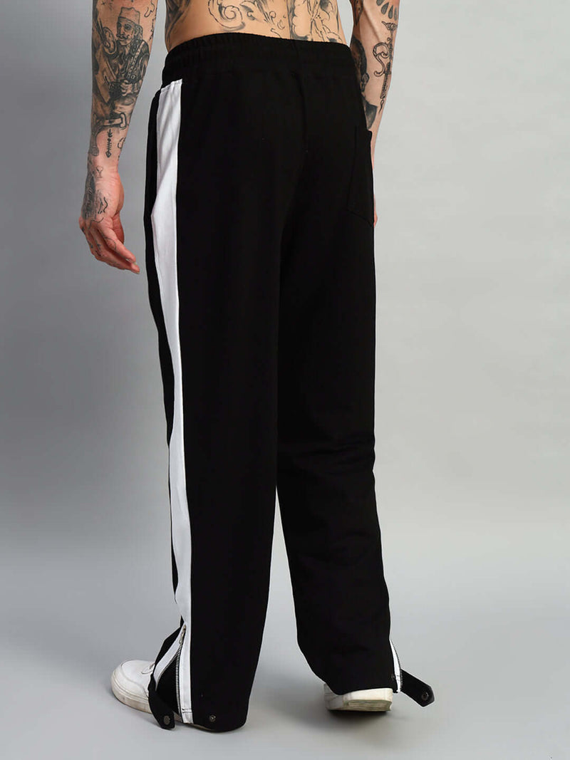Genzclassic Men's Side Zip Cotton Track Pants with Contrast Panel, Straight Fit Sports Lower | Black & White
