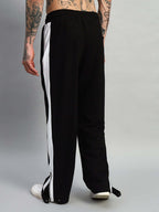 Genzclassic Men's Side Zip Cotton Track Pants with Contrast Panel, Straight Fit Sports Lower | Black & White