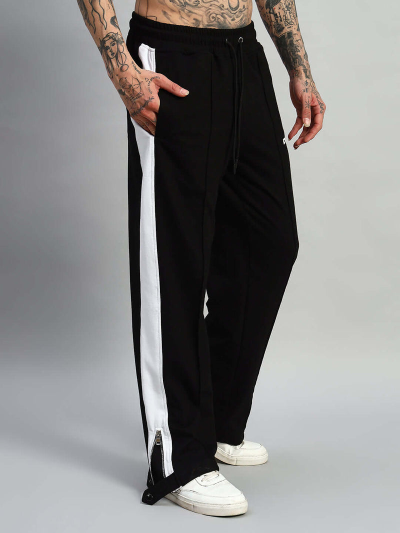 Genzclassic Men's Side Zip Cotton Track Pants with Contrast Panel, Straight Fit Sports Lower | Black & White