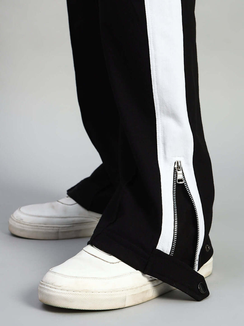 Genzclassic Men's Side Zip Cotton Track Pants with Contrast Panel, Straight Fit Sports Lower | Black & White