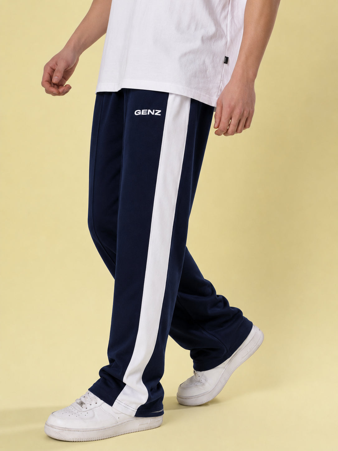Genzclassic Men's Straight Fit Track Pants with Contrast Side Panel, Sports Lower for Gym & Casual Wear | Navy Blue & White