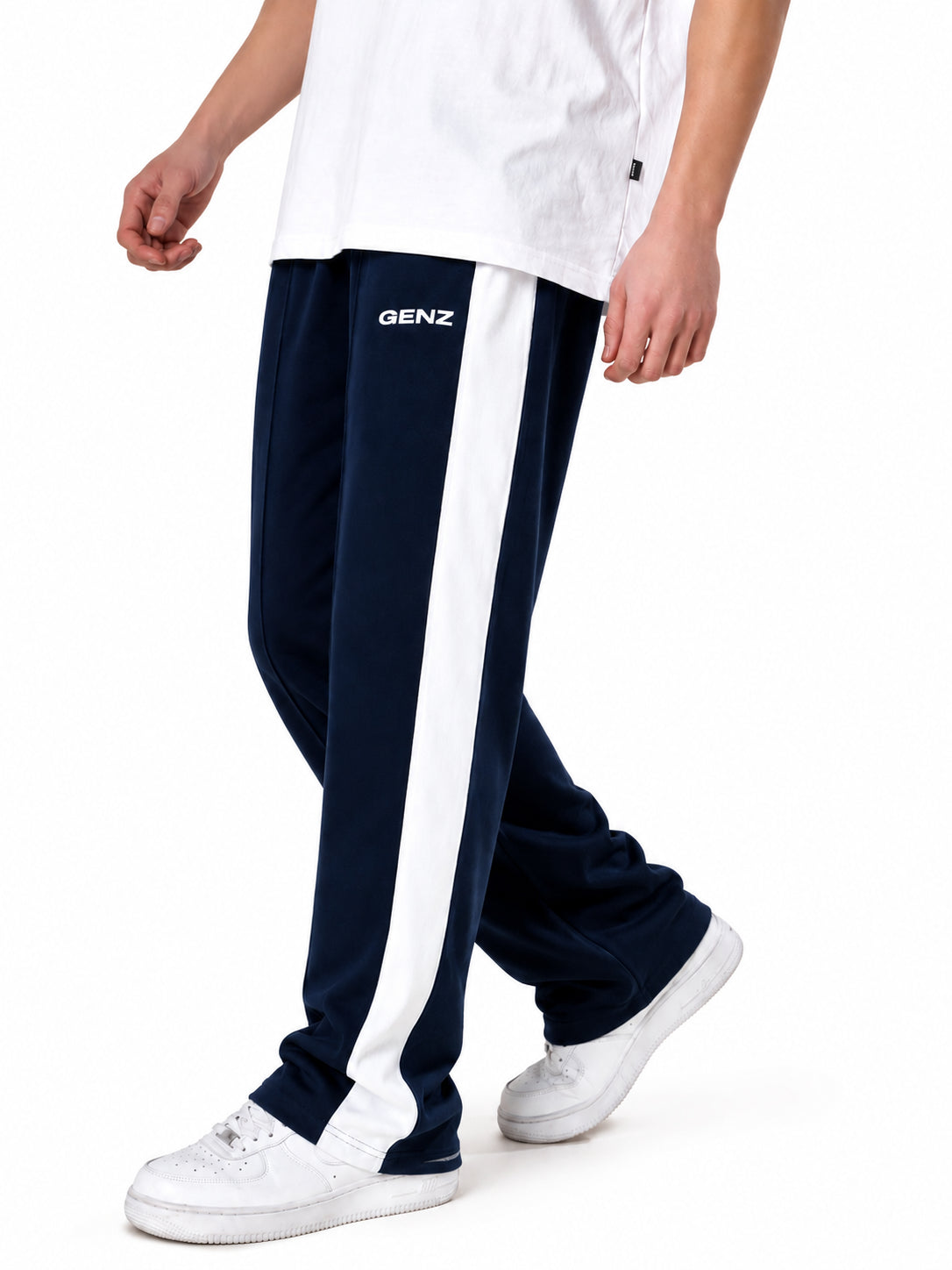 Genzclassic Men's Straight Fit Track Pants with Contrast Side Panel, Sports Lower for Gym & Casual Wear | Navy Blue & White