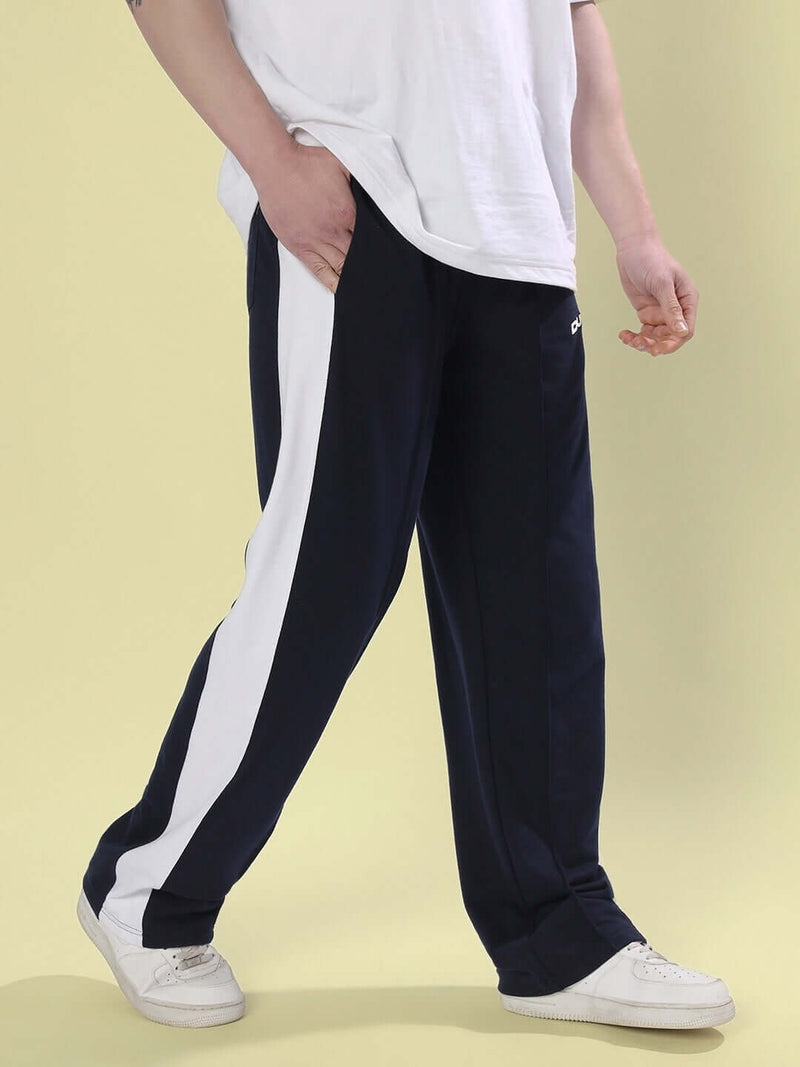 Genzclassic Men's Straight Fit Track Pants with Contrast Side Panel, Sports Lower for Gym & Casual Wear | Navy Blue & White