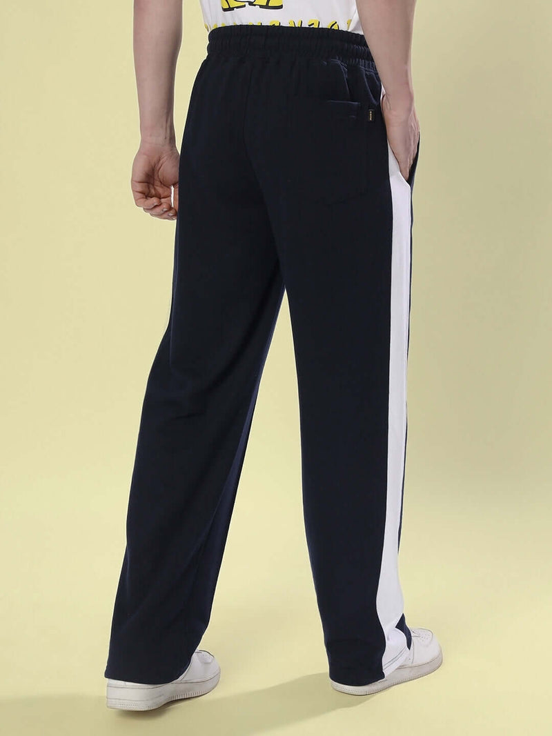 Genzclassic Men's Straight Fit Track Pants with Contrast Side Panel, Sports Lower for Gym & Casual Wear | Navy Blue & White