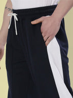 Genzclassic Men's Straight Fit Track Pants with Contrast Side Panel, Sports Lower for Gym & Casual Wear | Navy Blue & White