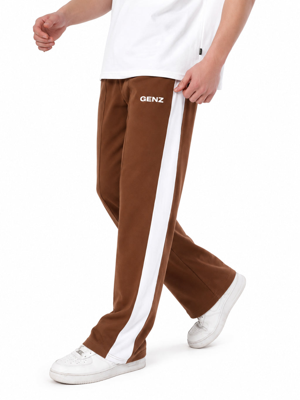 Genzclassic Men's Straight Fit Track Pants with Contrast Side Panel, Casual Sports Lower | Brown & White