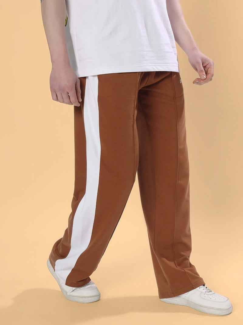 Genzclassic Men's Straight Fit Track Pants with Contrast Side Panel, Casual Sports Lower | Brown & White