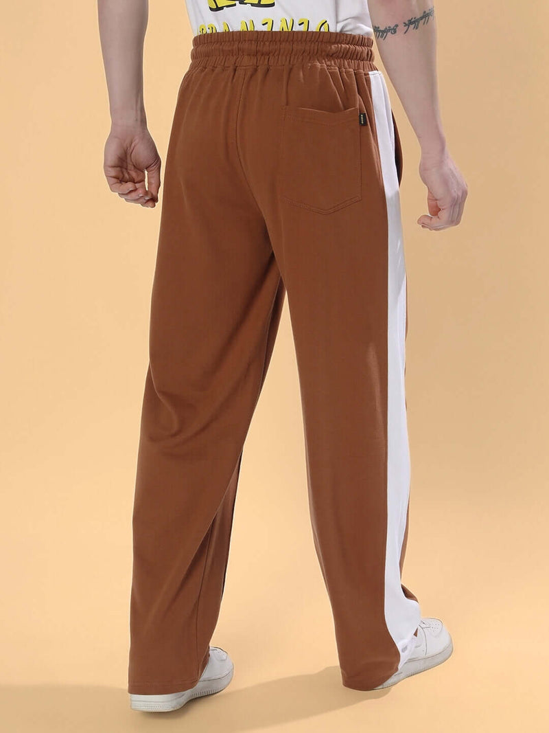 Genzclassic Men's Straight Fit Track Pants with Contrast Side Panel, Casual Sports Lower | Brown & White