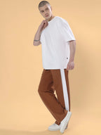 Genzclassic Men's Straight Fit Track Pants with Contrast Side Panel, Casual Sports Lower | Brown & White