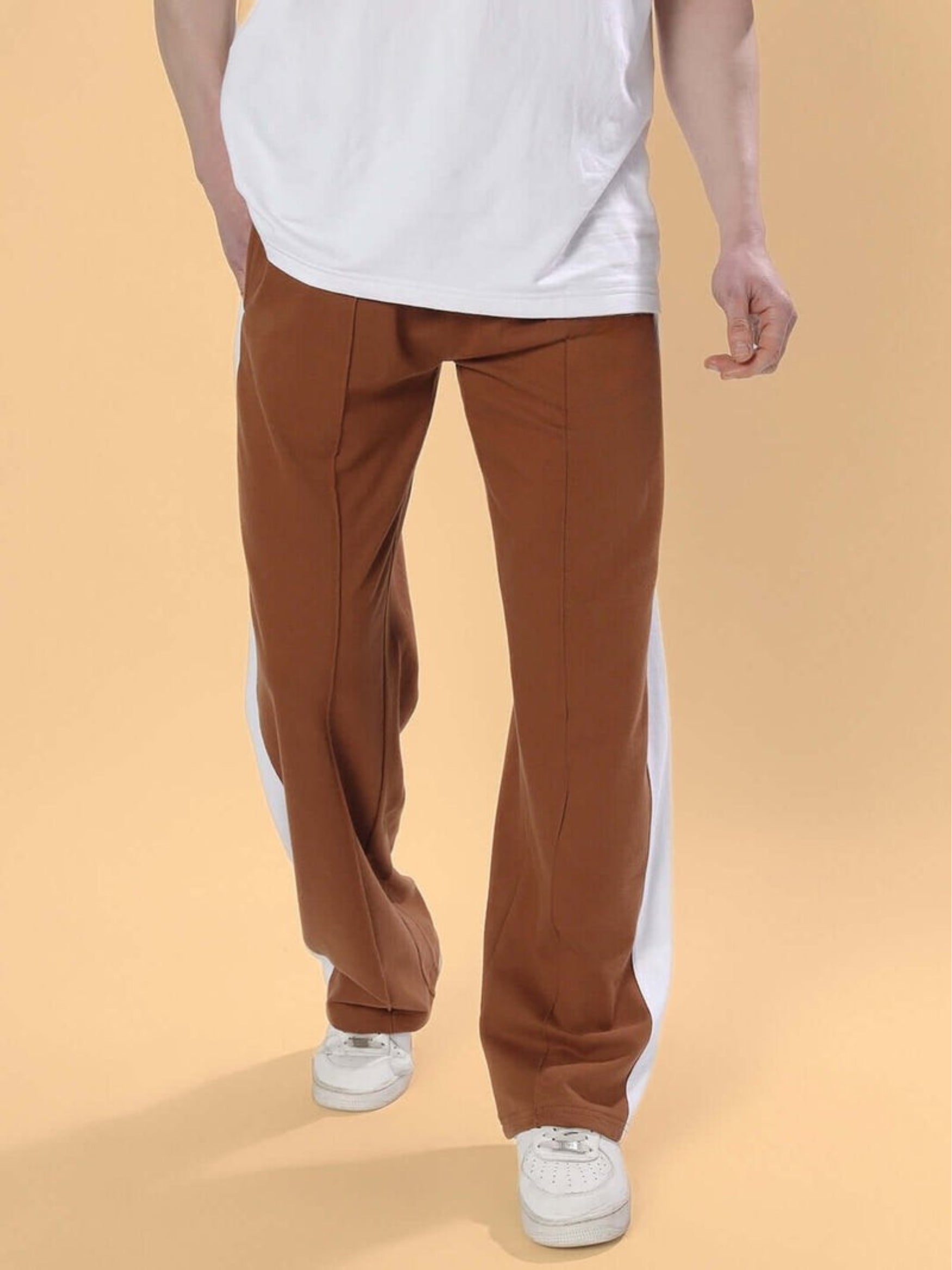 Genzclassic Men's Straight Fit Track Pants with Contrast Side Panel, Casual Sports Lower | Brown & White