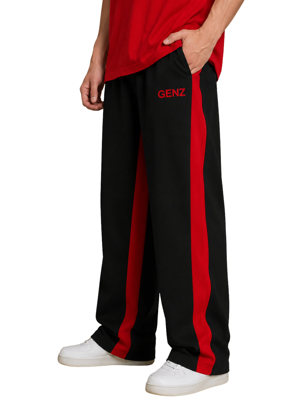 Genzclassic Men's Straight Fit Track Pants with Contrast Side Panels, Cotton Sports Lower | Black & Red