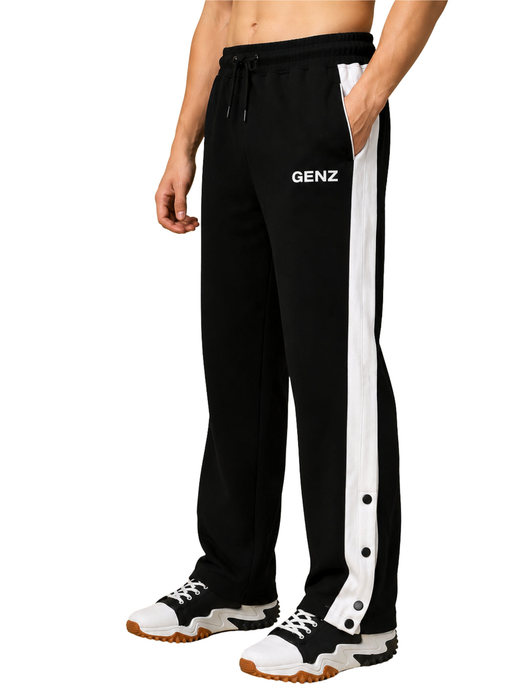 Genzclassic Men's Black Cotton Track Pants with White Side Panel & Snap Buttons | Regular Fit Joggers | Casual, Gym & Sports Wear