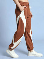 Genz-classic Men's Cotton Color Block Jogger Track Pants | Relaxed Fit | Brown & White