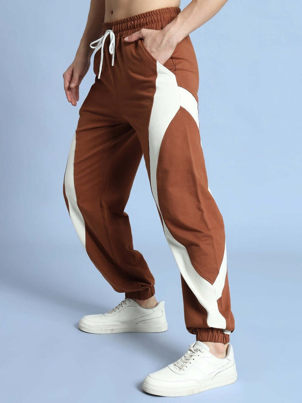 Genz-classic Men's Cotton Color Block Jogger Track Pants | Relaxed Fit | Brown & White