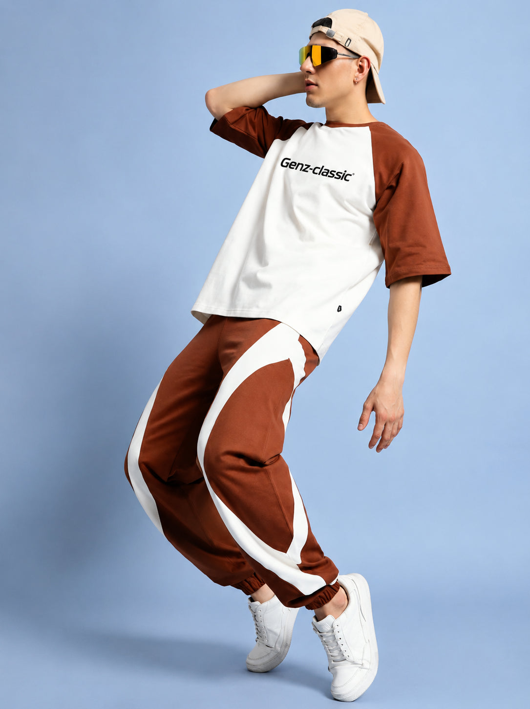 Genz-classic Men's Cotton Color Block Jogger Track Pants | Relaxed Fit | Brown & White