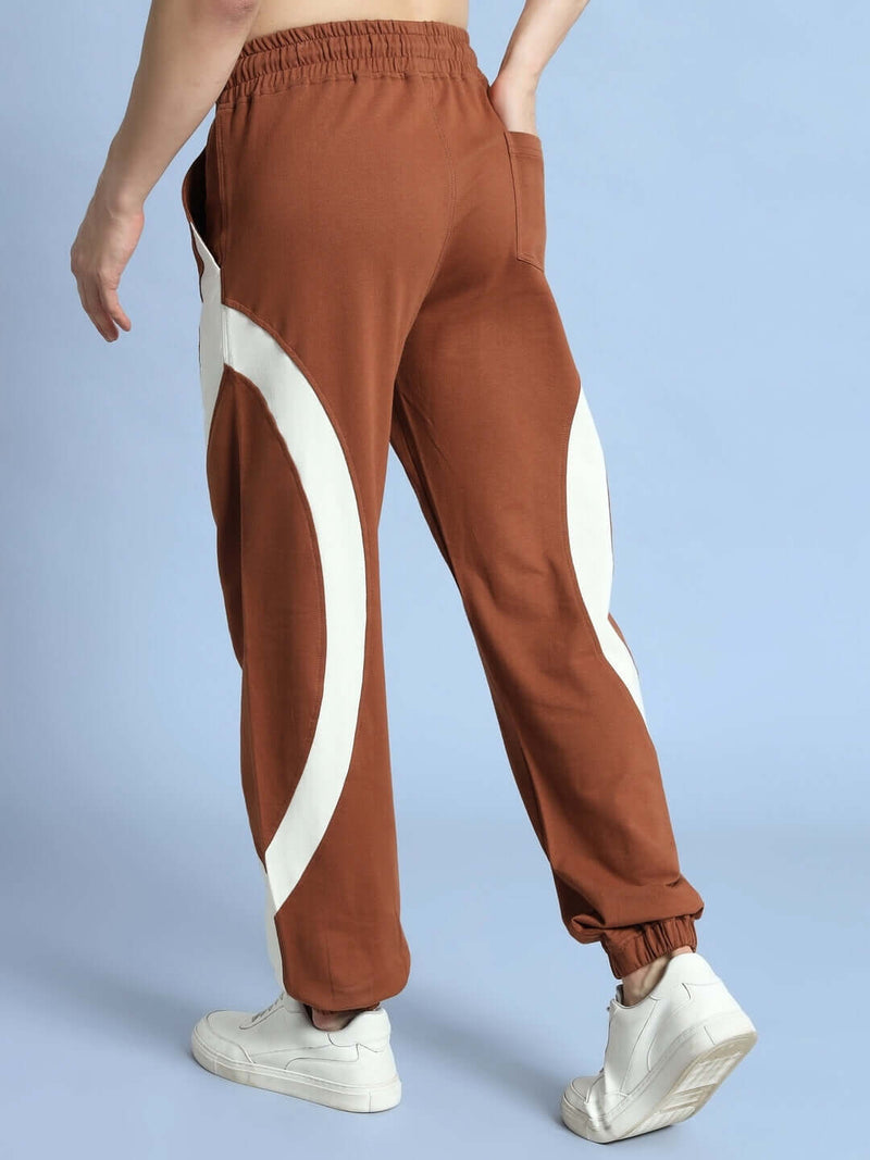 Genz-classic Men's Cotton Color Block Jogger Track Pants | Relaxed Fit | Brown & White