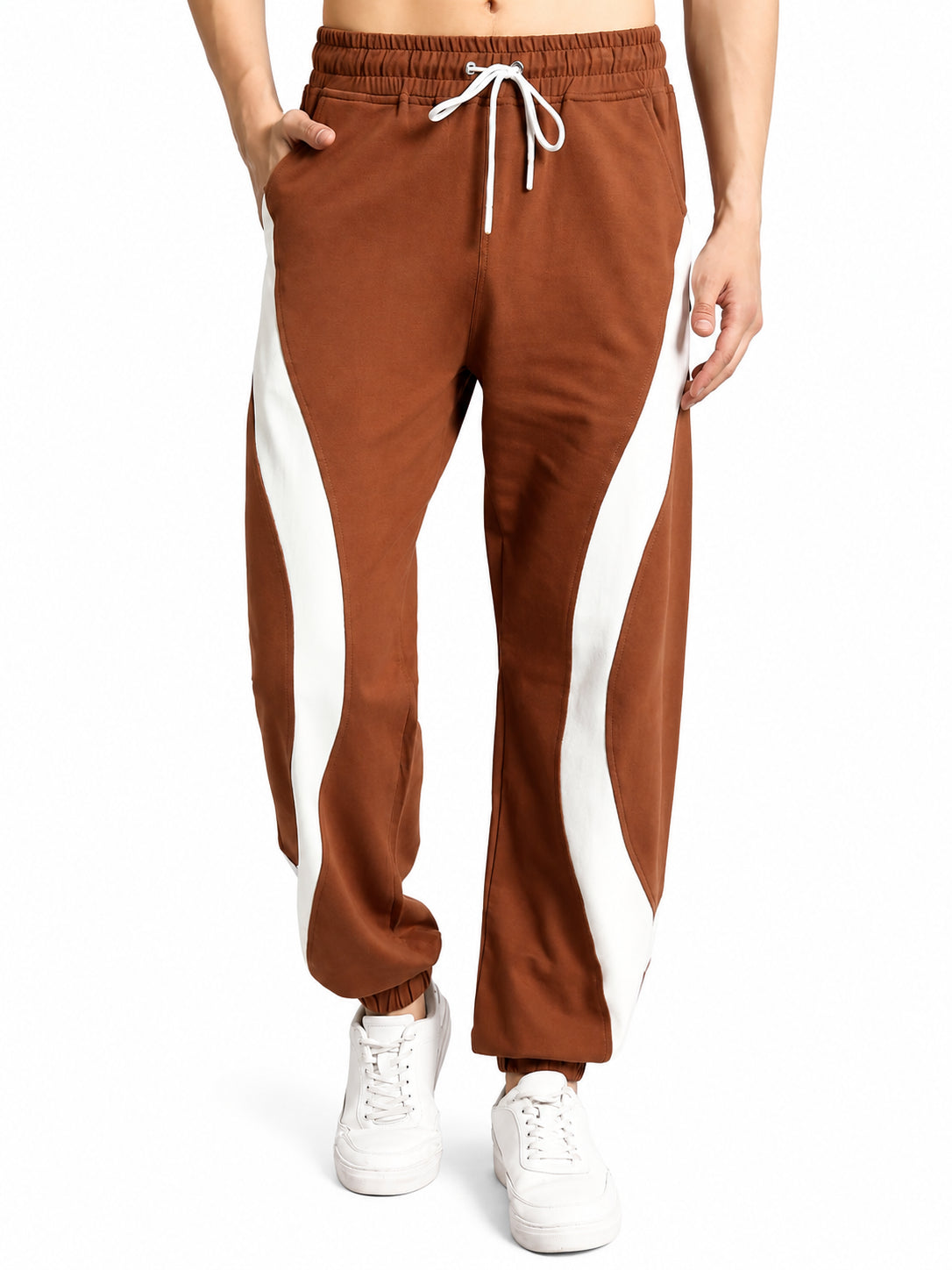 Genz-classic Men's Cotton Color Block Jogger Track Pants | Relaxed Fit | Brown & White
