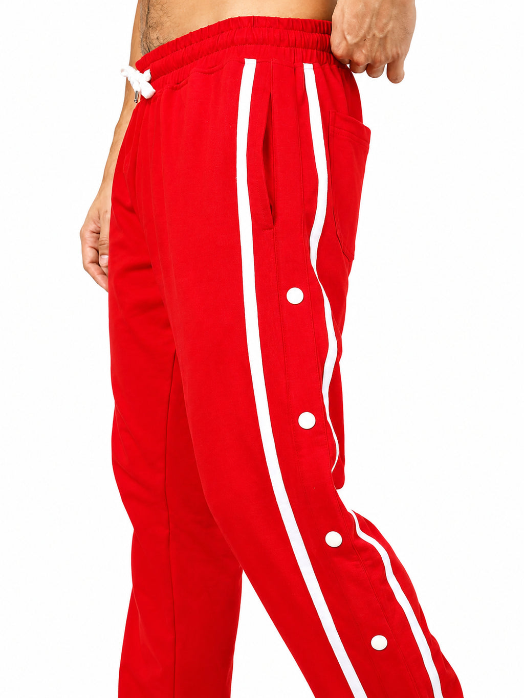 Genz-classic Men's Red Cotton Snap Button Track Pants | White Side Stripe | Regular Fit Athletic Joggers