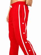 Genz-classic Men's Red Cotton Snap Button Track Pants | White Side Stripe | Regular Fit Athletic Joggers