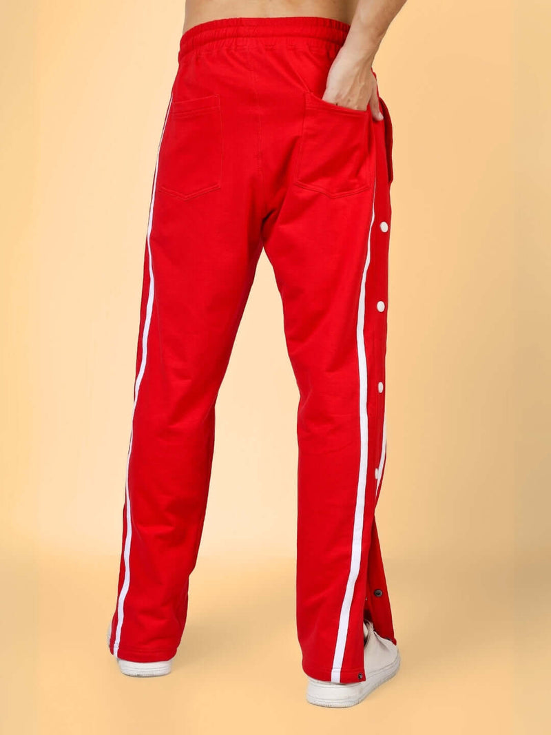 Genz-classic Men's Red Cotton Snap Button Track Pants | White Side Stripe | Regular Fit Athletic Joggers
