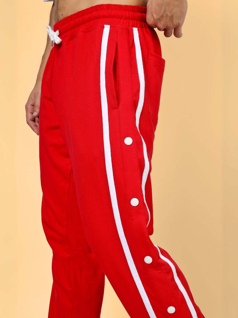 Genz-classic Men's Red Cotton Snap Button Track Pants | White Side Stripe | Regular Fit Athletic Joggers