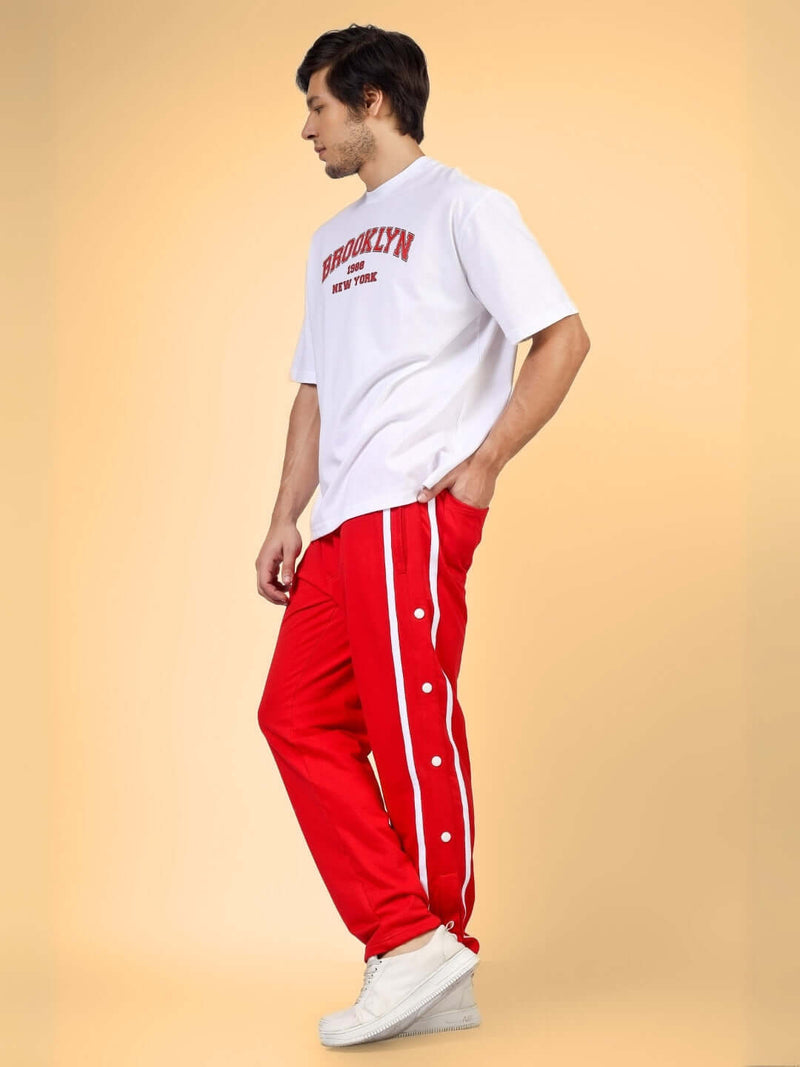 Genz-classic Men's Red Cotton Snap Button Track Pants | White Side Stripe | Regular Fit Athletic Joggers