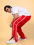 Genz-classic Men's Red Cotton Snap Button Track Pants | White Side Stripe | Regular Fit Athletic Joggers