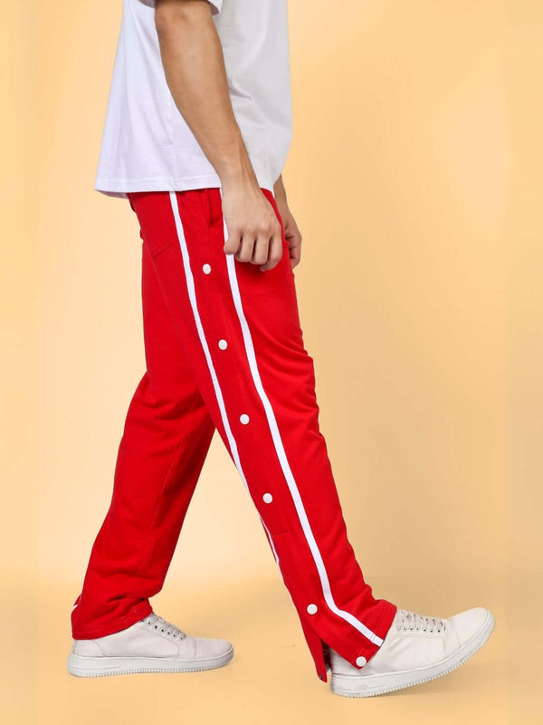 Genz-classic Men's Red Cotton Snap Button Track Pants | White Side Stripe | Regular Fit Athletic Joggers