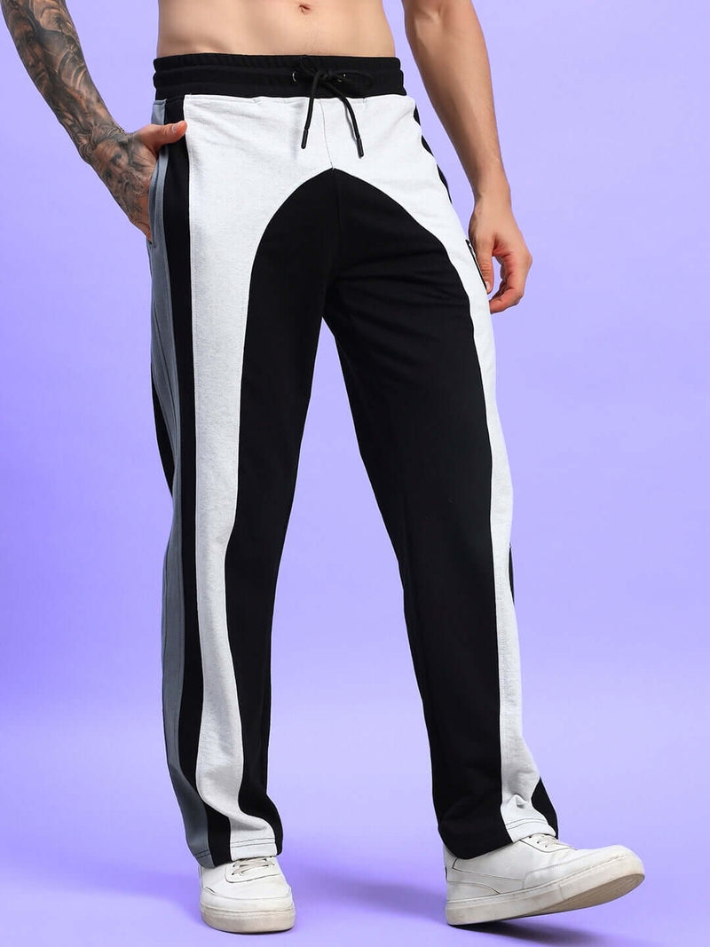 Genz-classic Men's Cotton Color Block Straight Fit Track Pants | Casual Lounge & Sports Wear | Black & Light Grey