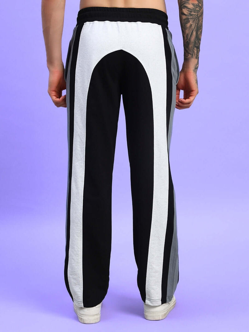 Genz-classic Men's Cotton Color Block Straight Fit Track Pants | Casual Lounge & Sports Wear | Black & Light Grey