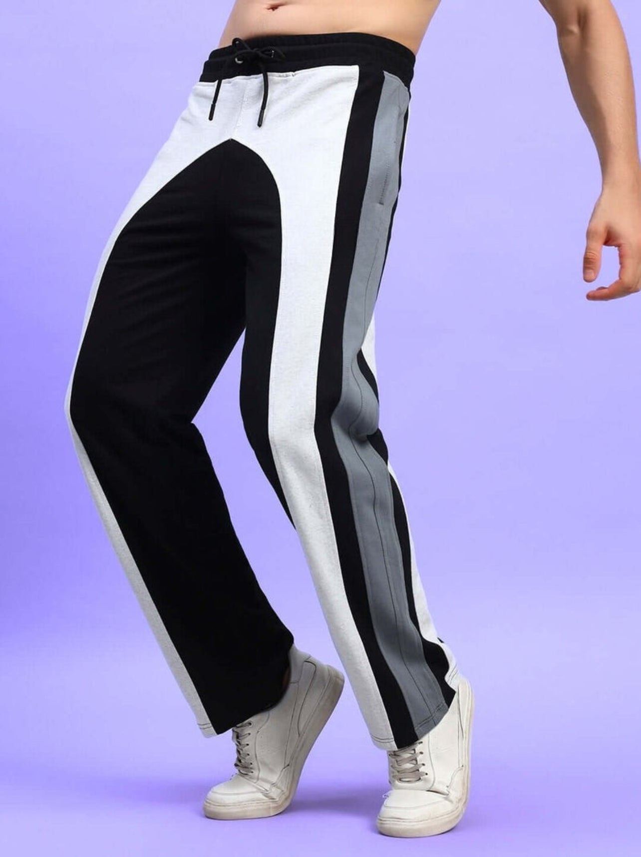 Genz-classic Men's Cotton Color Block Straight Fit Track Pants | Casual Lounge & Sports Wear | Black & Light Grey