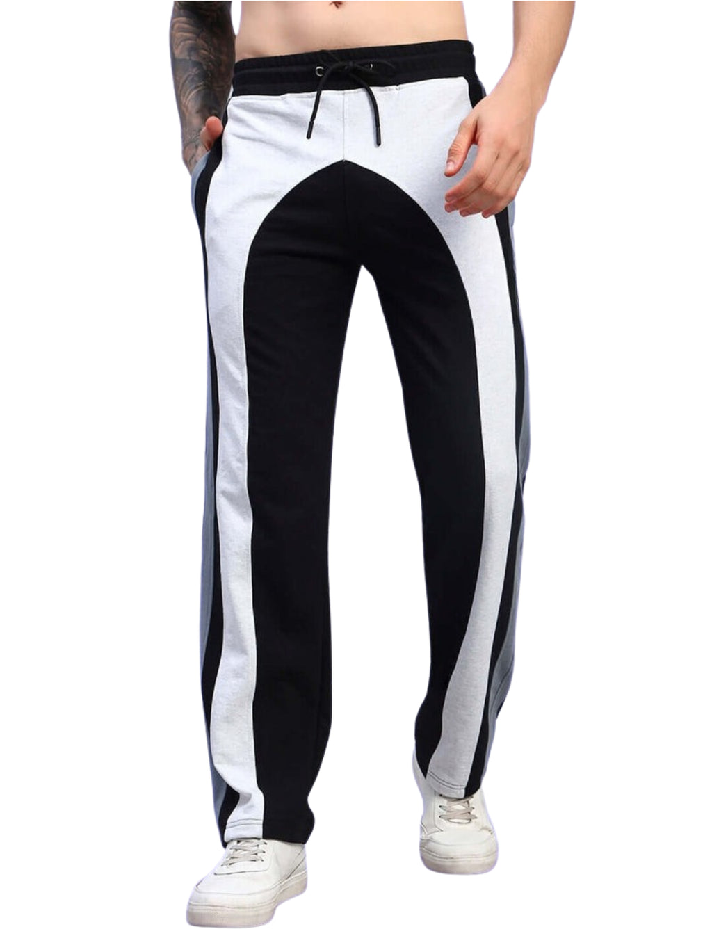 Genz-classic Men's Cotton Color Block Straight Fit Track Pants | Casual Lounge & Sports Wear | Black & Light Grey