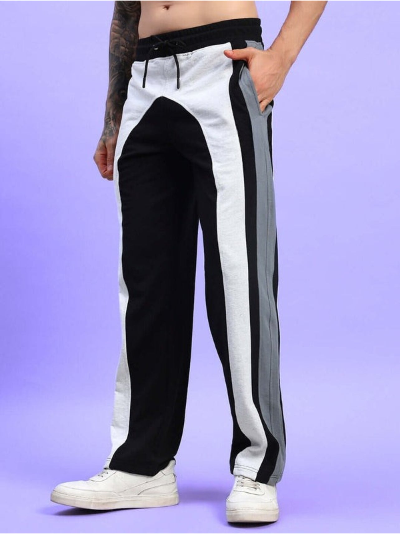 Genz-classic Men's Cotton Color Block Straight Fit Track Pants | Casual Lounge & Sports Wear | Black & Light Grey