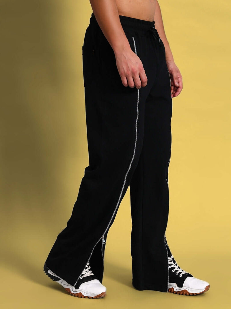Genz-classic Men's Cotton Full Zip Track Pants | Straight Fit | Streetwear Lounge Wear | Black