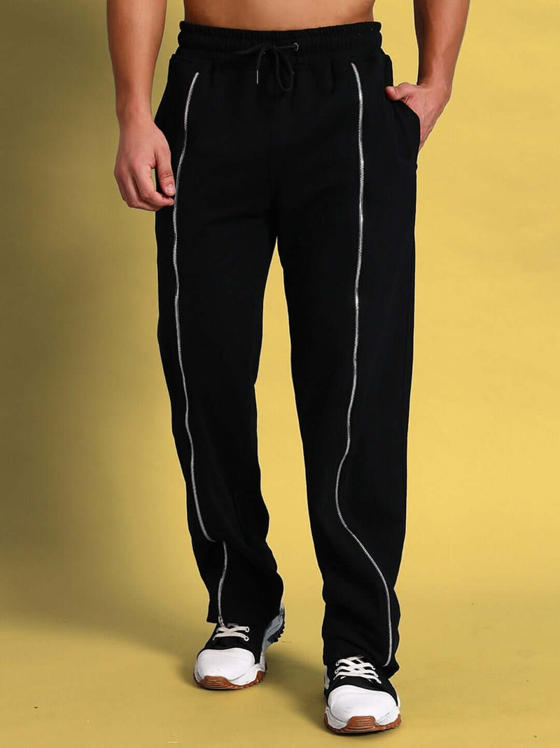 Genz-classic Men's Cotton Full Zip Track Pants | Straight Fit | Streetwear Lounge Wear | Black