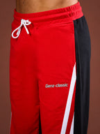 Genz-classic Men's Color Block Triple Side Stripe Track Pants | Straight Fit | Red, Black & White