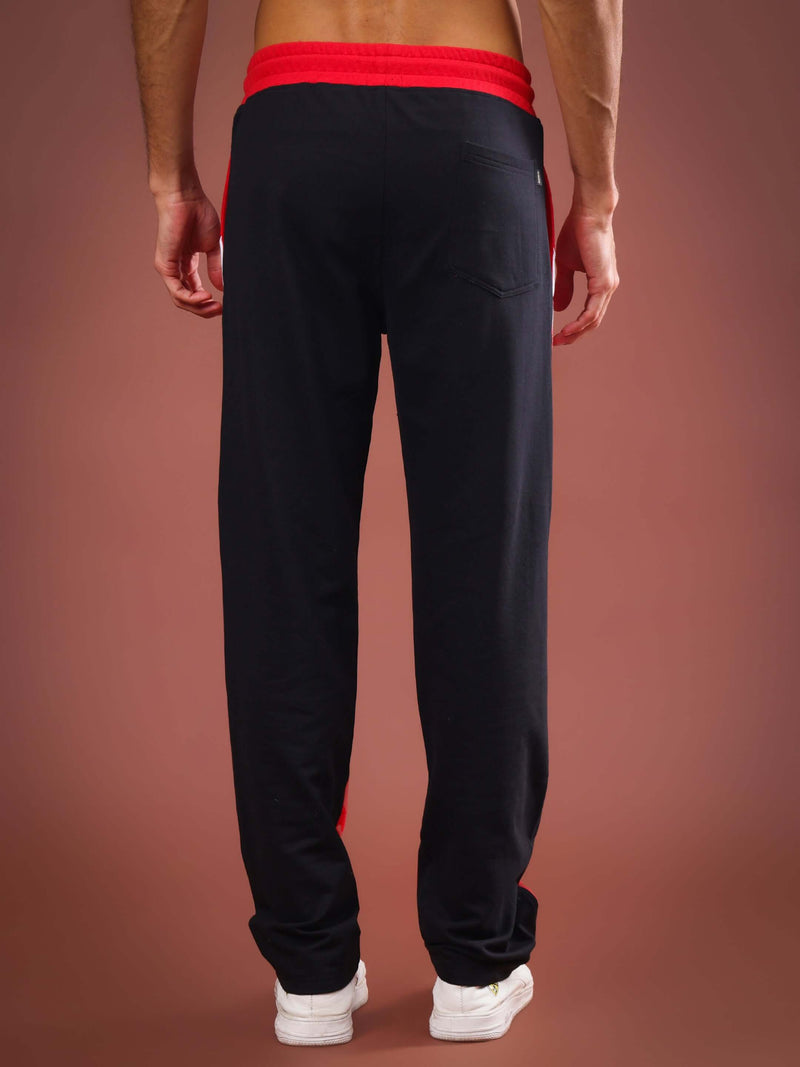 Genz-classic Men's Color Block Triple Side Stripe Track Pants | Straight Fit | Red, Black & White