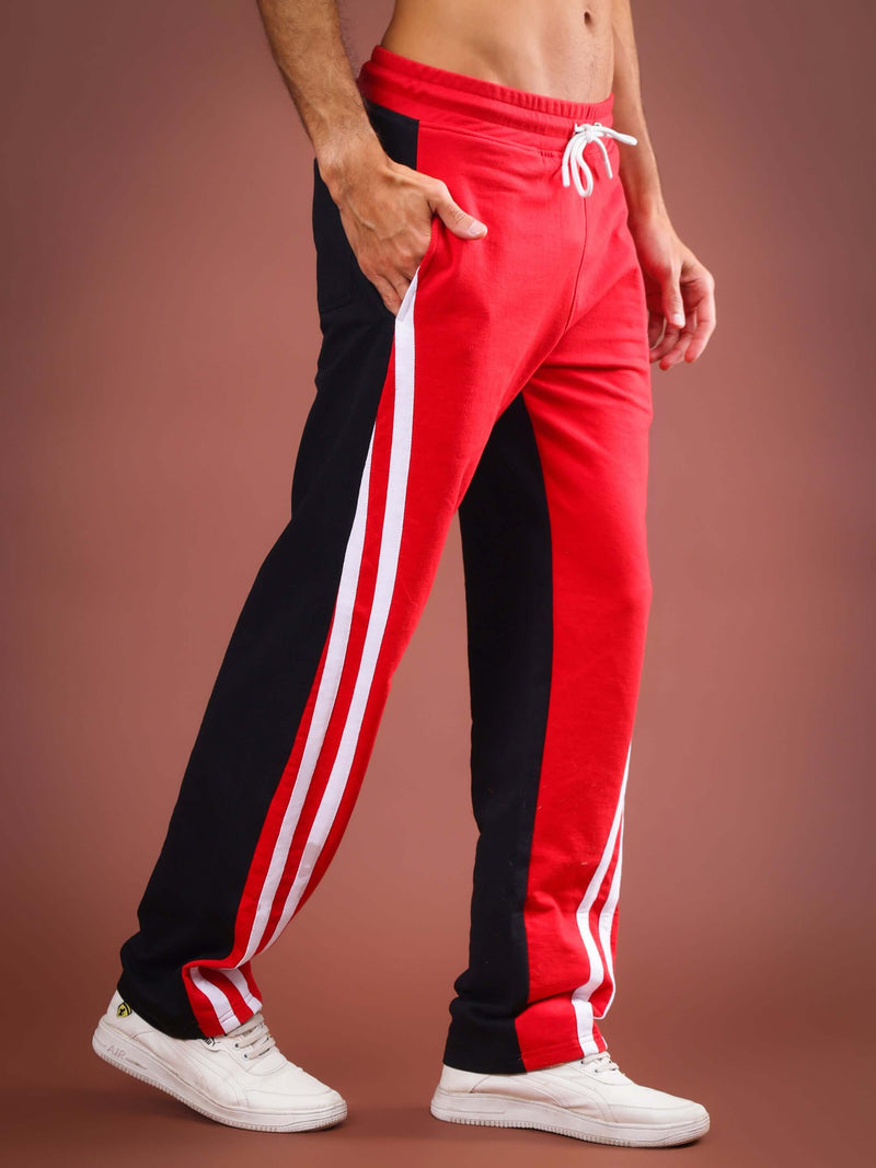Genz-classic Men's Color Block Triple Side Stripe Track Pants | Straight Fit | Red, Black & White