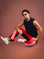 Genz-classic Men's Color Block Triple Side Stripe Track Pants | Straight Fit | Red, Black & White