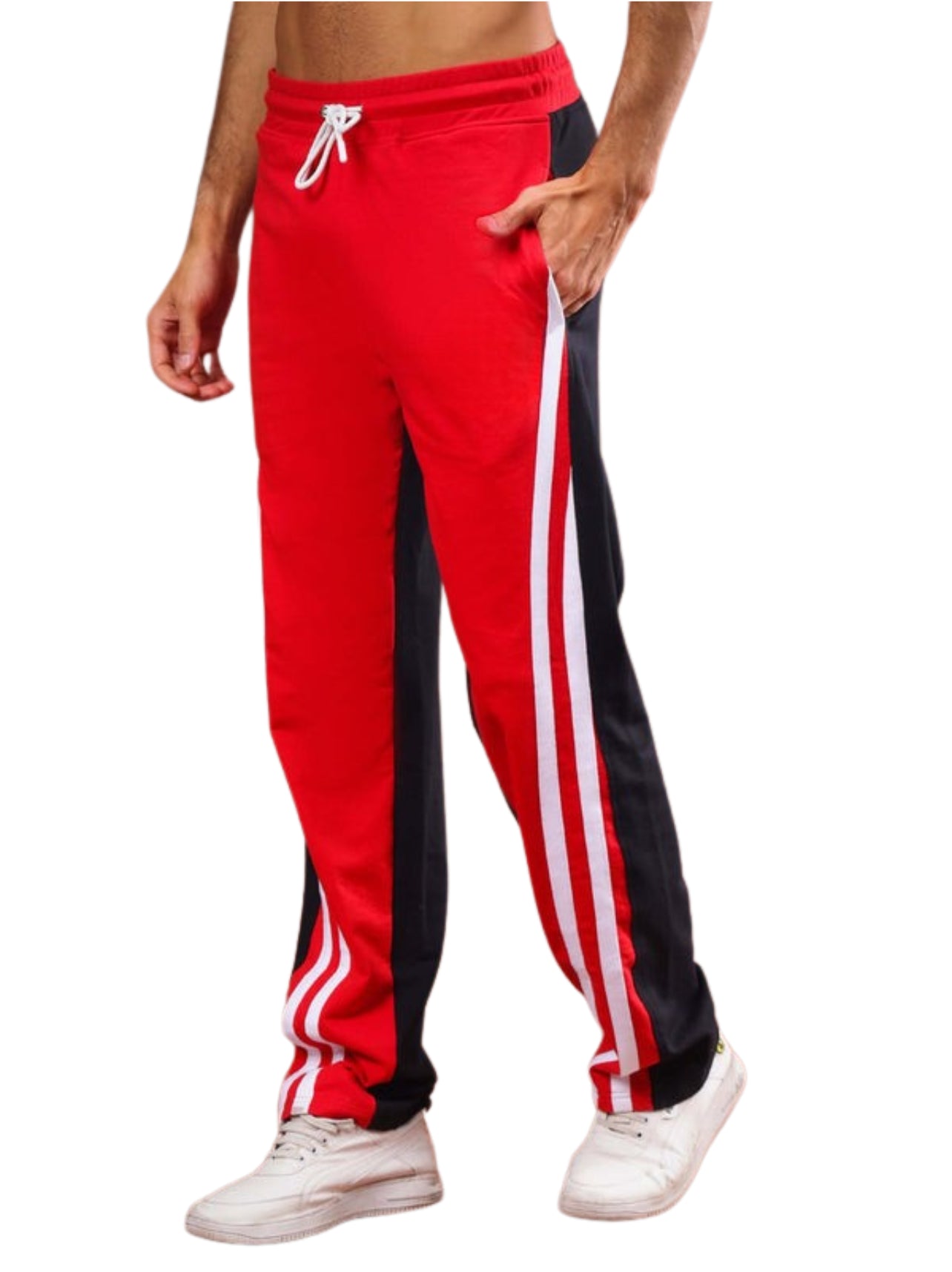 Genz-classic Men's Color Block Triple Side Stripe Track Pants | Straight Fit | Red, Black & White