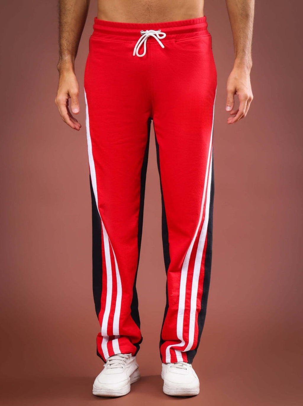 Genz-classic Men's Color Block Triple Side Stripe Track Pants | Straight Fit | Red, Black & White